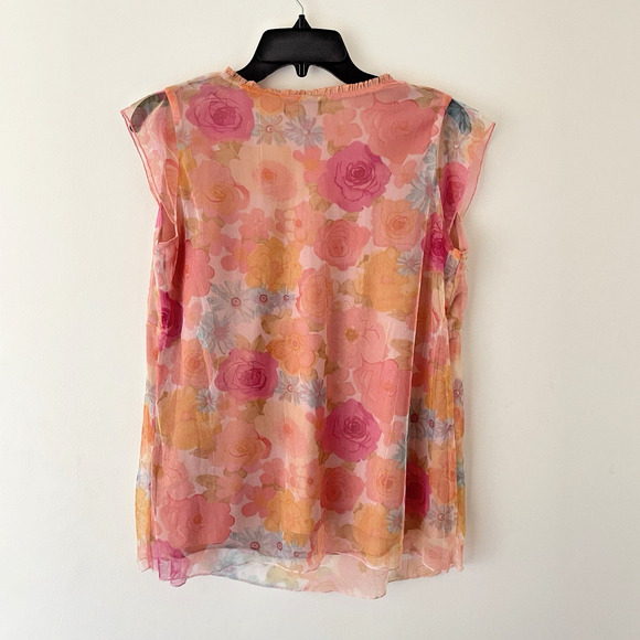 Y2K Sheer Floral Babydoll Top M Pink Orange Fairy Coquette Romantic Ethereal - Picture 2 of 9